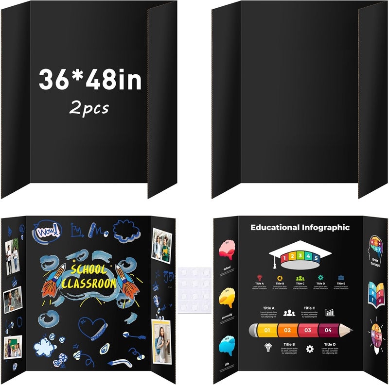 IKAYAS 2 Pack Trifold Poster Board, 48" X 36" Double Sided Black Poster Boards, Science Fair Display Boards Posterboard Foamboard for Mounting, Prints,Art,Display,Projects Classroom Supplies - Image 1